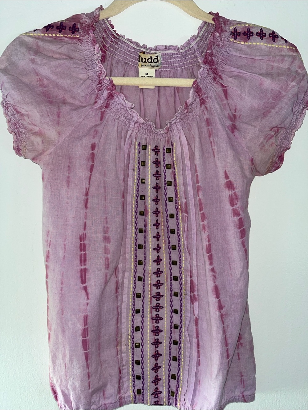 Vintage Mudd Lavender Tie-Dye Embroidered Peasant Blouse